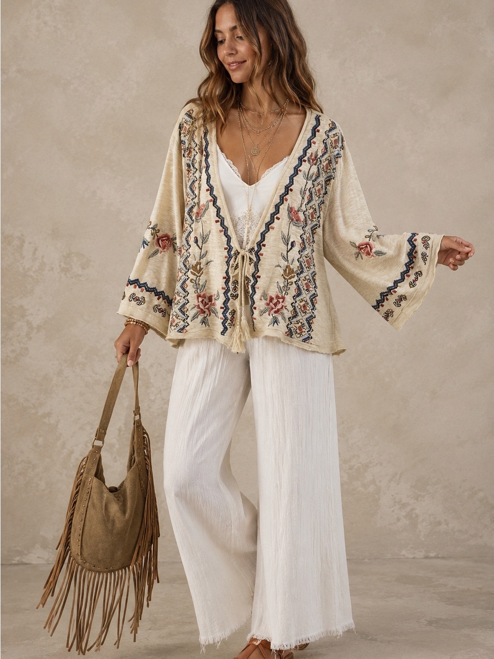 Karyn SEO Embroidered Beige kimono Cardigan Sweater, asymmetric oversized size S